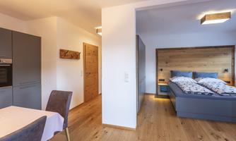 A modern apartment with an open living and sleeping area. The furniture is stylish and the space is bright and inviting.