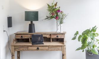 A minimalist wooden desk with a lamp, a laptop, and a vase with flowers. In the background, there are green plants and a wall with soft color nuances.