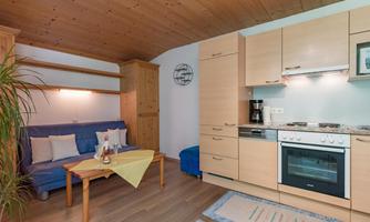 A bright apartment with modern furniture and a wooden ceiling. The space contains a sofa, a table, and a well-equipped kitchenette.