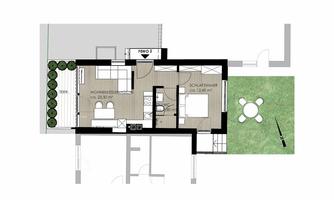 A floor plan representation of an apartment. The area includes a living room and a bedroom, as well as an outdoor area with a lawn and a seating group.