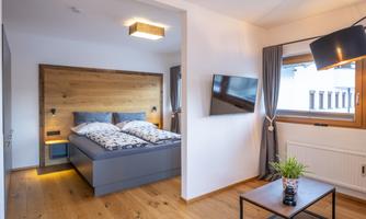 A modern bedroom with a double bed and wooden walls. There is a television on the wall and a small table with a plant.