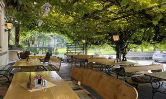 An inviting outdoor area with wooden tables and benches under a green leafy canopy. The atmosphere is cozy and ideal for relaxing hours outdoors.