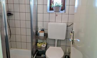 A small bathroom with a shower, a toilet, and a window. The walls are tiled with white tiles.