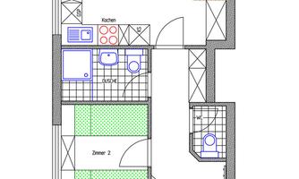 A floor plan of an apartment with several rooms. The rooms are clearly structured by lines and colors.