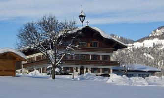 A pretty, traditional house in winter with a snow-covered roof and surroundings. In the foreground, there is a snow-covered tree.