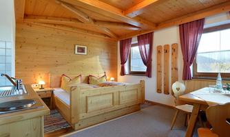 A cozy room with wooden walls and a double bed. The room has a small kitchen and a dining area.