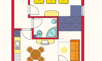 The image shows a floor plan for Apartment 6 with two bedrooms, a bathroom, and a living area. The furniture and layout are depicted schematically.