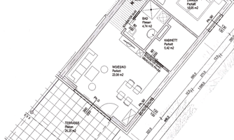 A technical drawing of a house with various rooms. The areas are clearly marked and labeled.