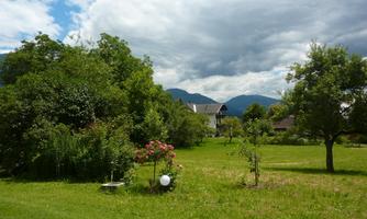 A green meadow with trees and colorful flowers. In the background, mountains and houses can be seen under a cloudy sky.