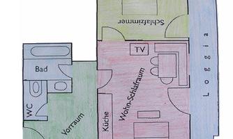 A sketched floor plan of an apartment with various rooms. The rooms are labeled and include bathroom, foyer, kitchen, living-sleeping room, and loggia.