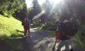 A group of hikers is walking a narrow path through a forest. In the background, a small cabin can be seen, surrounded by trees.