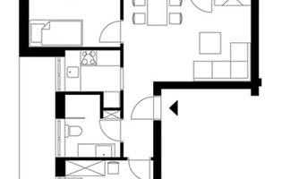 A simple floor plan drawing of an apartment with multiple rooms. The areas are clearly defined, including kitchen, living area, and dining room.