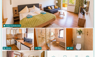 A bright holiday apartment with living and sleeping areas as well as modern furniture. The well-equipped kitchen and bathroom provide comfort for relaxing stays.