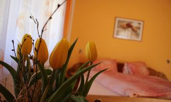 A cozy bedroom with orange walls and a soft bed. In the foreground, yellow tulips bloom in a vase.