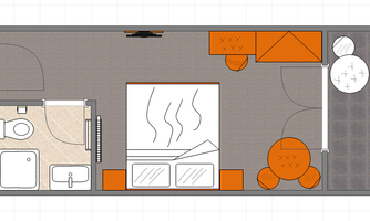 A schematic representation of a living space with a bed, a seating area, and a bathroom. The furnishings are in warm colors and also include plants.