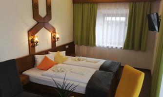 A cozy hotel room with two beds, colorful pillows, and a window with curtains. A plant and a table complement the modern decor.