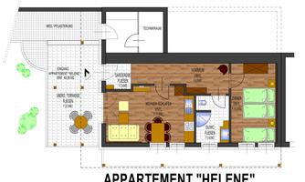 A floor plan drawing of an apartment with multiple rooms. The living area, the kitchen, and two bedrooms can be seen.