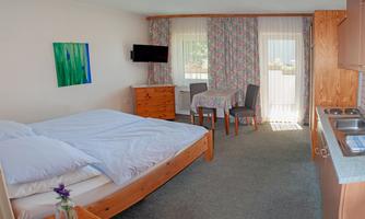 A bright room with a large bed and a cozy dining area. The room has a television and a small kitchenette.