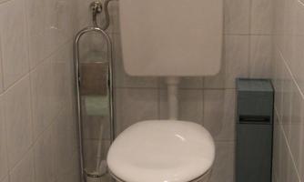A simple bathroom with a white toilet and light tiles. Next to the toilet is an elegant toilet paper holder.