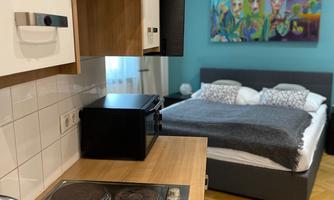 A cozy apartment with a kitchenette and a double bed in the background. A colorful painting hangs on the wall.