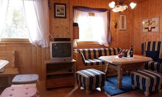 A cozy living room with wood paneling and large windows. There is a couch, a table, and a television, as well as thoughtful decorative elements.