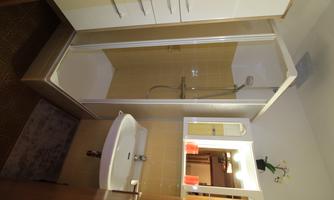 A simple bathroom with a shower cubicle and a sink. A mirror and small plants are decorated on the wall.