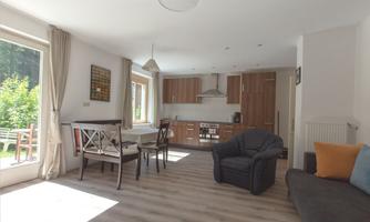 A bright and modern kitchen with a dining area and a cozy living room. Large windows let in plenty of daylight and offer a view of the greenery.