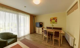 A bright living room with a table and chairs. Large windows provide plenty of light and a beautiful view.