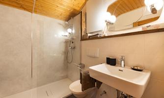 A modern bathroom with a shower and a simple sink. The wooden ceiling gives the space a warm atmosphere.