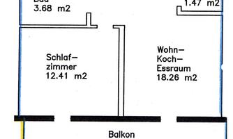 An apartment layout with four rooms: bedroom, living-cooking-dining room, bathroom, and WC. The balcony is also drawn in.