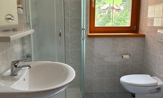 A modern bathroom with a shower, sink, and toilet. A green landscape is visible through the window.