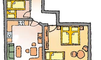 A simple floor plan sketch of an apartment with various rooms. The areas are outlined with furniture and kitchen arrangements.