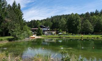 A quiet bathing lake surrounded by trees and meadows. In the background, there is a building that invites you to relax.