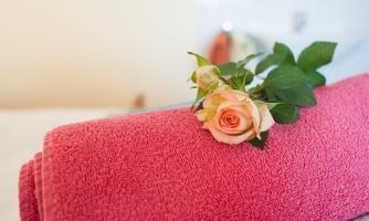 A pink towel with a delicate rose and green leaves. The colors appear fresh and inviting.