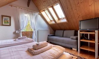 A cozy attic room with two beds and a gray sofa. Large windows let in plenty of daylight and create a bright atmosphere.
