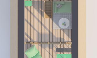 A modern, minimalist layout with a bed and comfortable seating. The terrace is furnished with green cushions and wood.