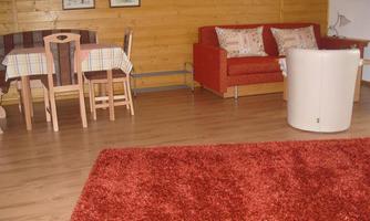 A cozy living room with a red sofa and a round table. The floor is covered with a soft red carpet.