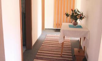 A bright hallway with a striped carpet. On a table, there is a vase of flowers, and wall hooks are hanging on the wall.