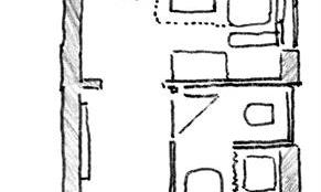 A simple floor plan drawing of an apartment. It shows several rooms such as a living room, a kitchen, and a bathroom.