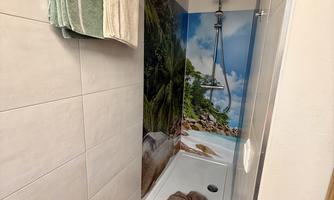 A modern shower cubicle with tiles and wood details. A tropical landscape picture can be seen on the wall.