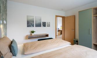 A modern bedroom with two beds and large pillows. Some pictures are hung on the wall, and a green plant is on the table.