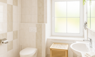 A bright bathroom with a window, a toilet, and a sink. The room is modern and clean, with a wooden dresser and tiled floor.