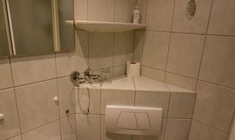 A small bathroom with tiled walls. It contains a sink, a toilet, and a shelf on the wall.