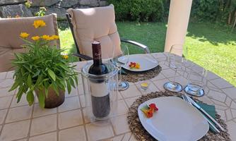 A beautifully set table outdoors with two plates, glasses, and a wine cooler. In the foreground, there is a clay pot with yellow flowers.