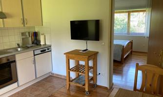 A modern kitchen with a dining area and a television. In the background, a bedroom with natural light can be seen.