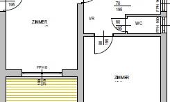 This graphic shows a floor plan of an apartment. Various rooms and their dimensions are marked.
