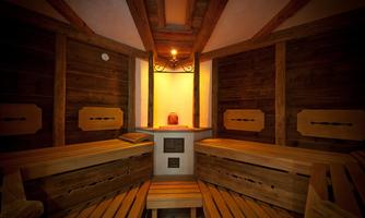 A cozy sauna with a wooden bench and gentle lighting. The room has rustic walls and a relaxing atmosphere.
