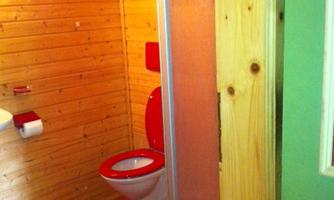 A bathroom with wood-paneled walls and red decor. Visible are a toilet, a shower area, and some bath accessories.