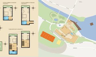 A representation of floor plans for various residential units can be seen on the left. On the right is a map of a property by the water.