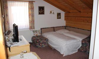 A cozy room with a double bed and a television. The walls are made of wood and there are windows with curtains.